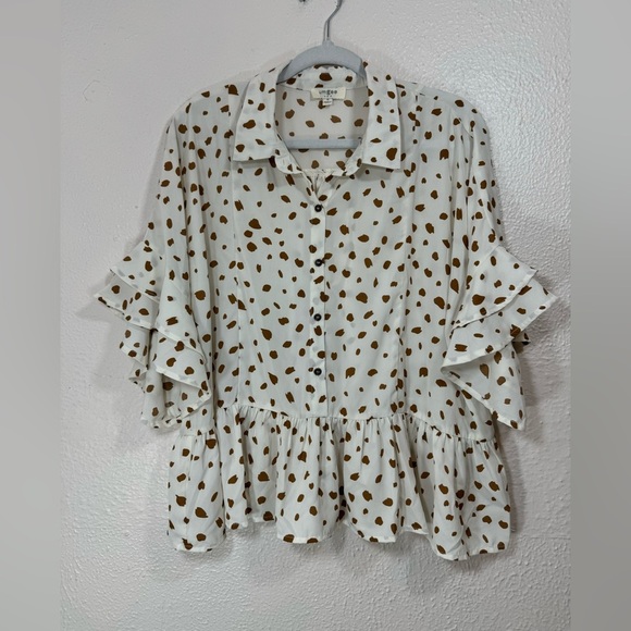 Umgee White & Tan Dalmatian Animal Print Button Front Top Women’s Size Medium - Picture 10 of 10